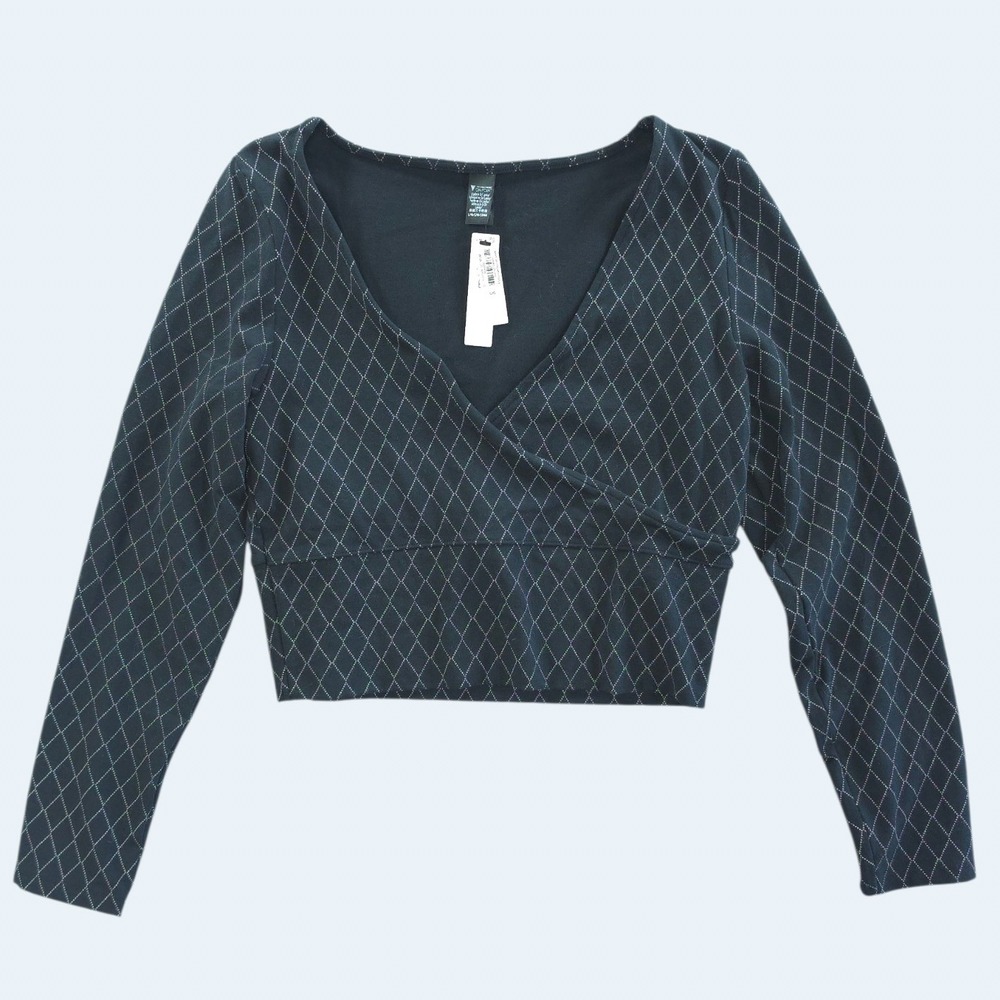 NWT Victoria's Secret Dark Academia Wrap Crop Top Size L Diamond Print Black